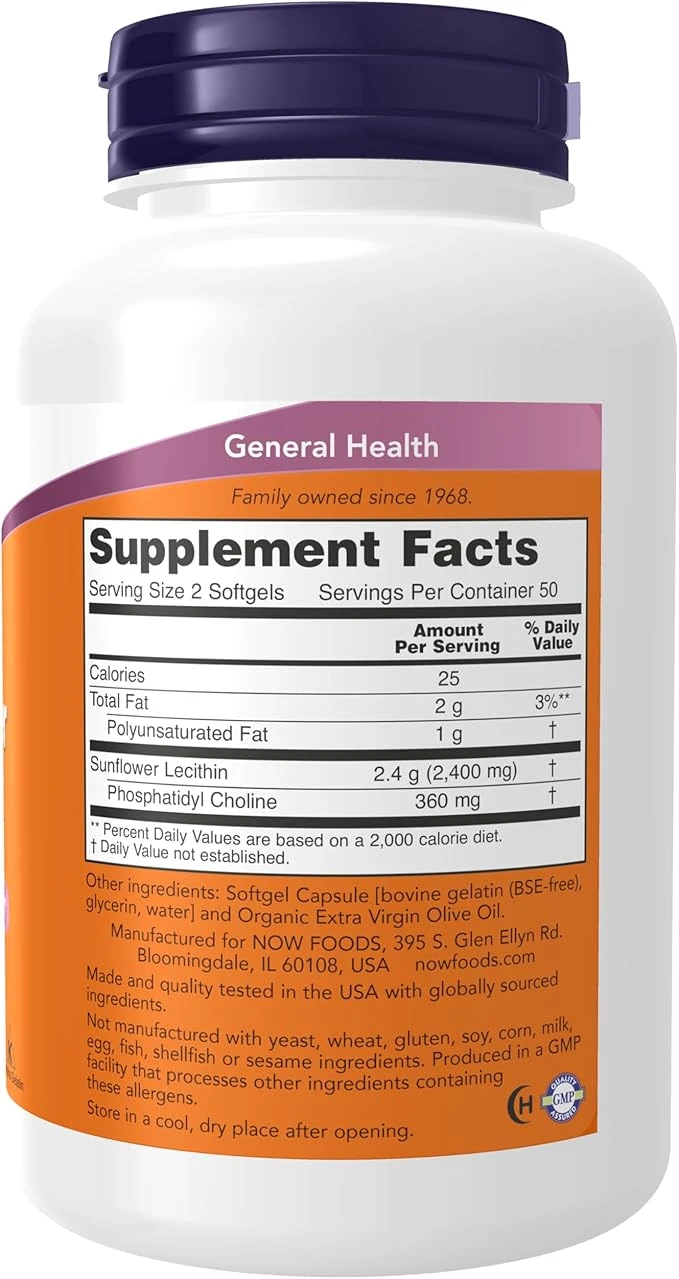 NOW Foods Sunflower Lecithin 1200mg Nervous System Support 100 Softgels thumbnail 5