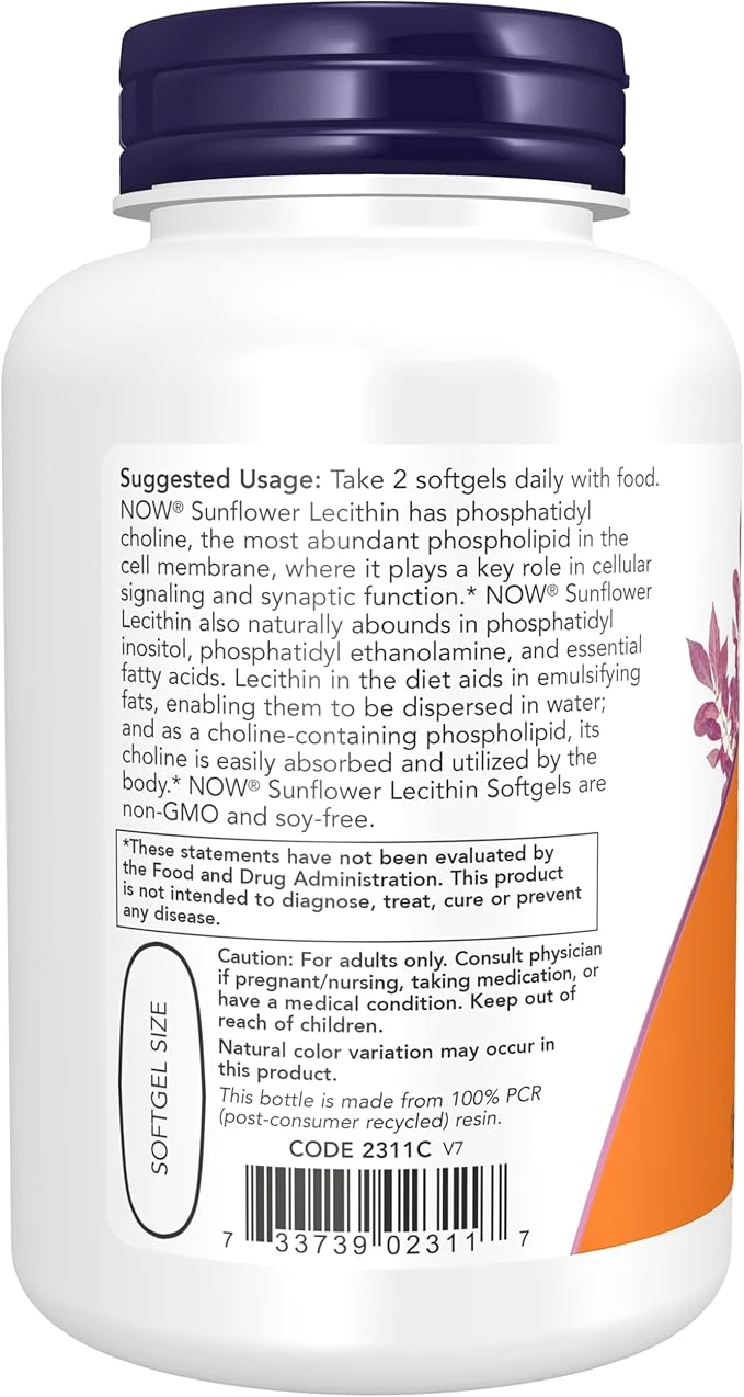 NOW Foods Sunflower Lecithin 1200mg Nervous System Support 100 Softgels thumbnail 2