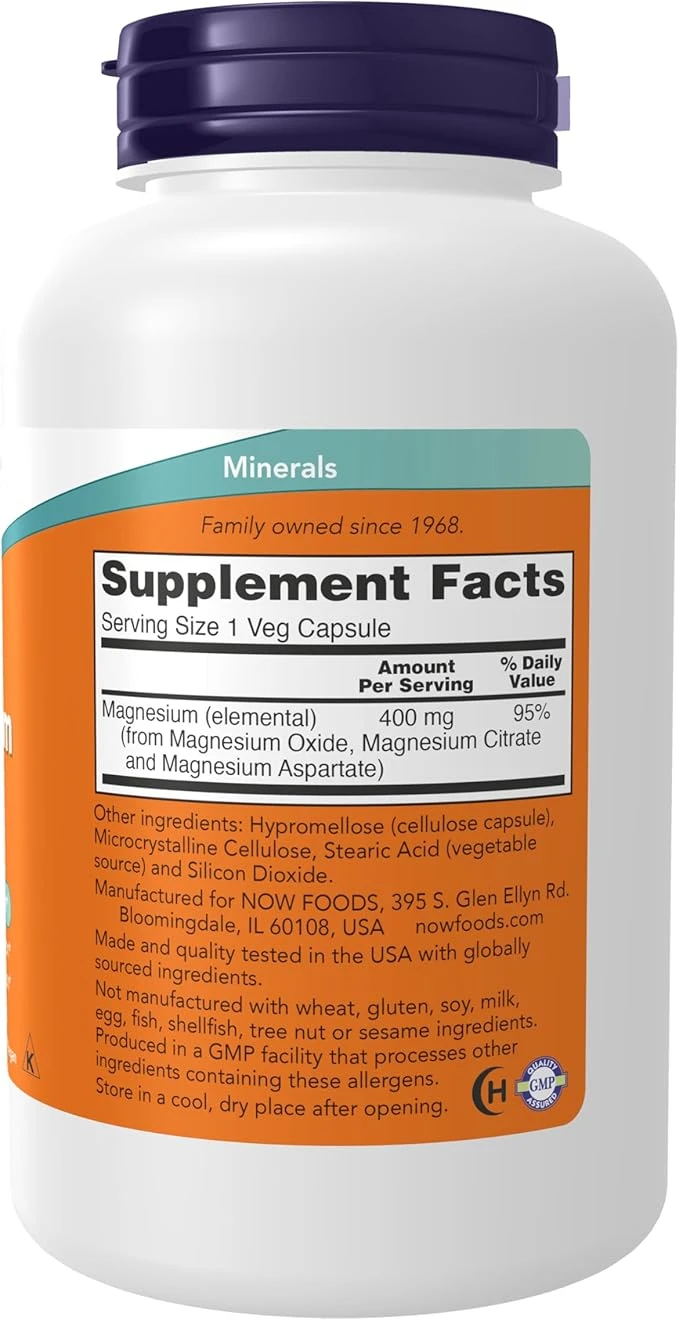 NOW Foods Magnesium Caps 400mg Nervous System Support 180 Veg Capsules thumbnail 5