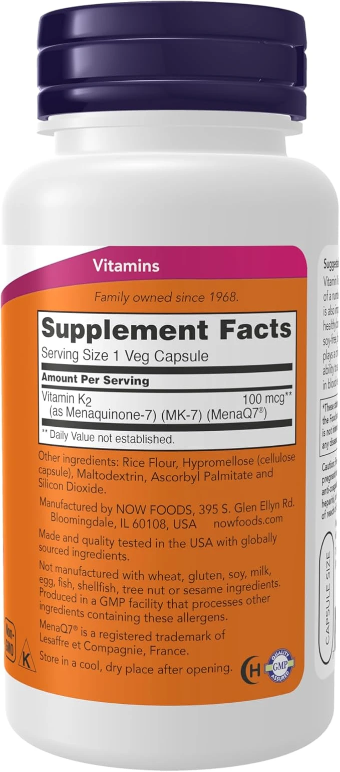 NOW Foods MK-7 Vitamin K-2 100mcg Supports Bone Health 120 Veg Capsules ingredients