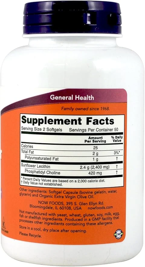 NOW Foods Sunflower Lecithin 1200mg Nervous System Support 200 Capsules thumbnail 5
