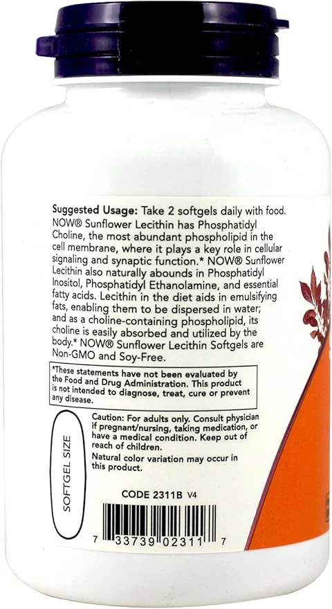 NOW Foods Sunflower Lecithin 1200mg Nervous System Support 200 Capsules thumbnail 4