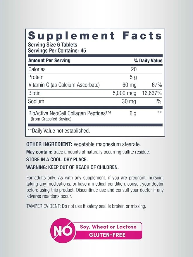 NeoCell Grass-fed Collagen Peptides + Vitamin C & Biotin 6000Mg Per Serving 270 Tablets ingredients