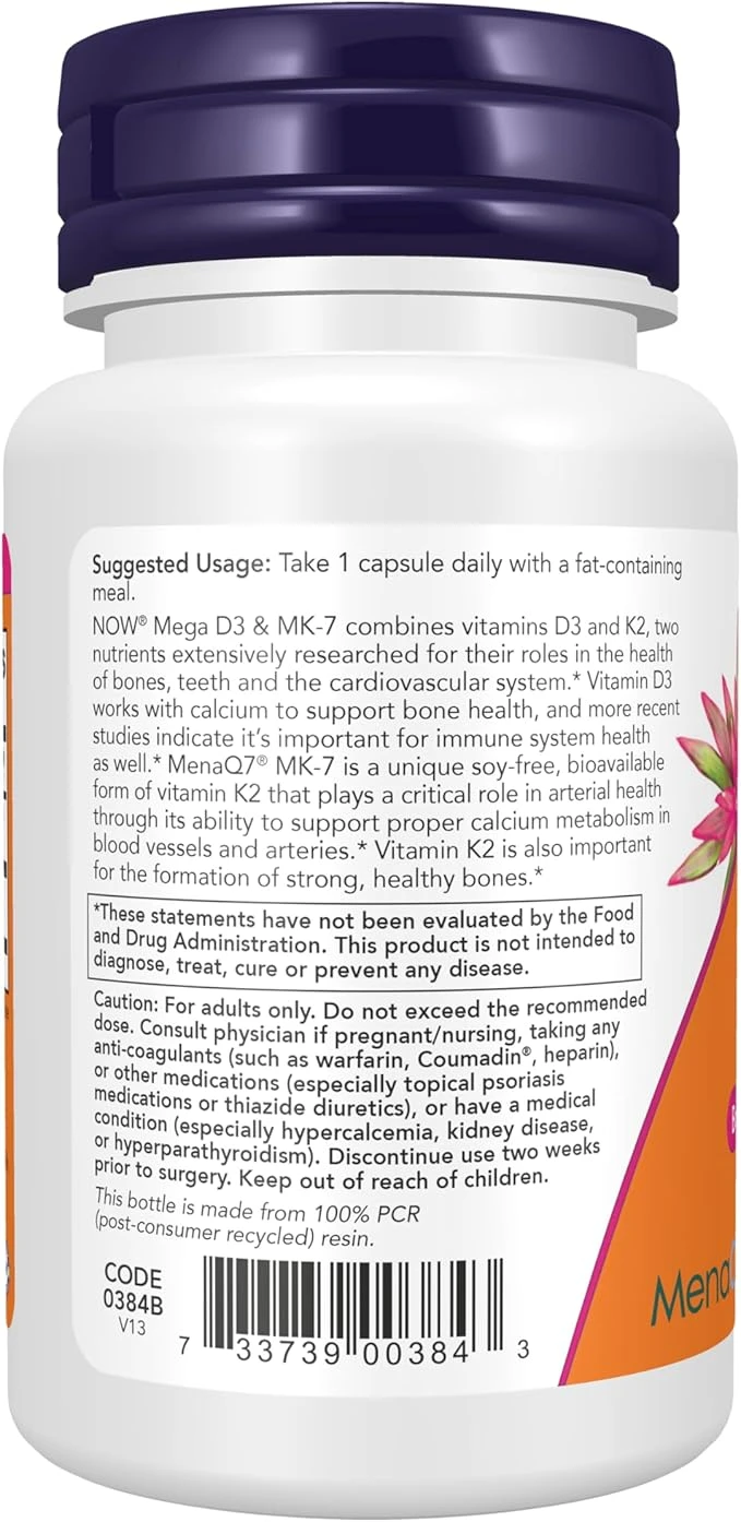 NOW Foods Mega D3 & MK-7 180mcg Bone & Cardiovascular Support 60 Capsules thumbnail 2