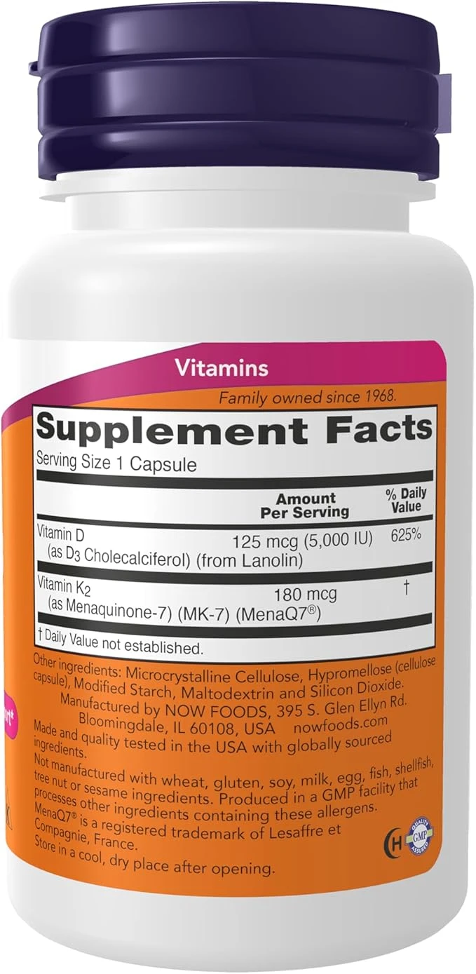 NOW Foods Mega D3 & MK-7 180mcg Bone & Cardiovascular Support 60 Capsules thumbnail 5