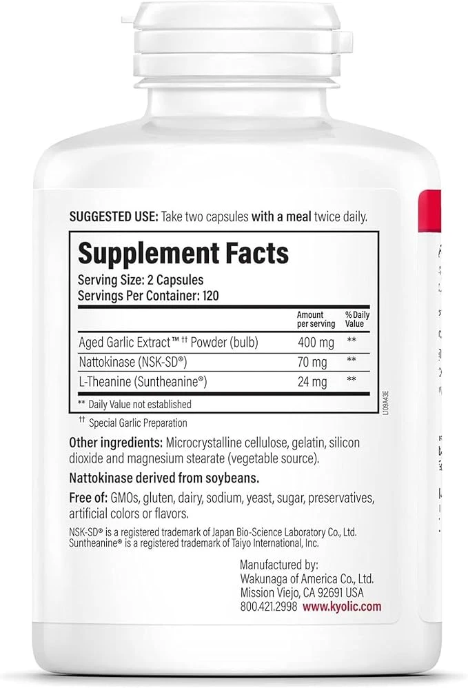Kyolic Aged Garlic Extract Blood Pressure Health Formula 109 160 Capsules ingredients