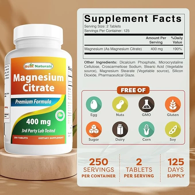 Best Naturals Magnesium Citrate Premium Formula 400mg 250 Tablets ingredients