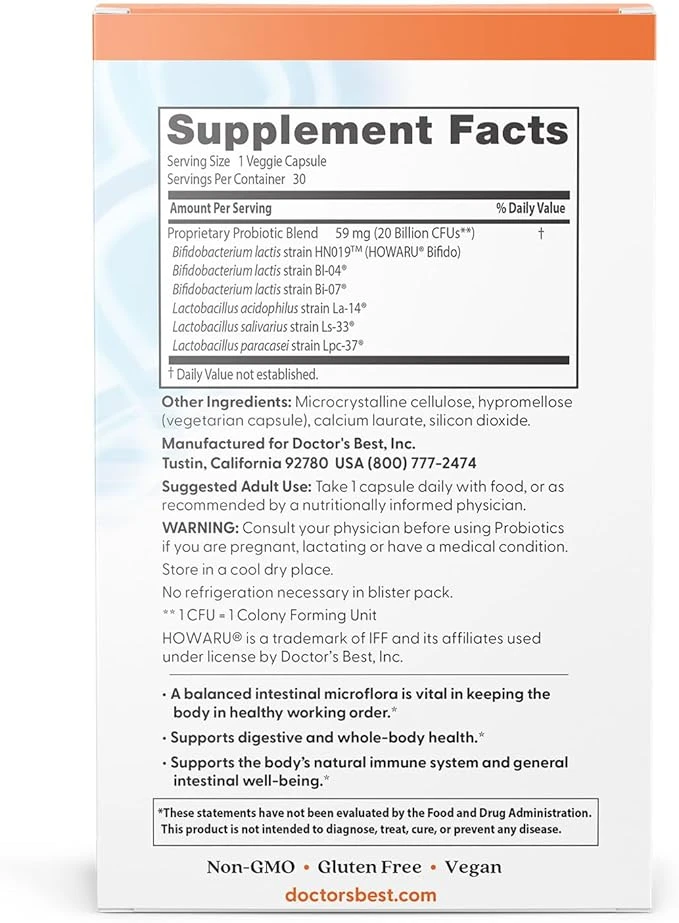 Doctor's Best Digestive Probiotic Supports Digestive Intestinal Health 30 Veg Caps ingredients