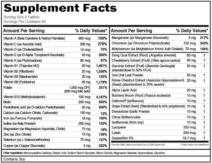 EVLution Nutrition Women's Multivitamin 120 Tablets ingredients