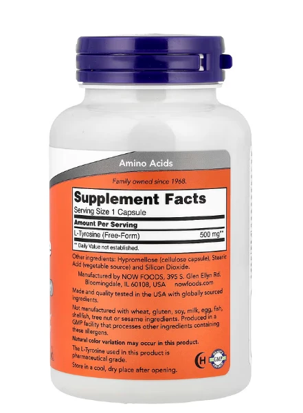 NOW Foods L-Tyrosine 500mg Neurotransmitter Support 120 Capsules thumbnail 3