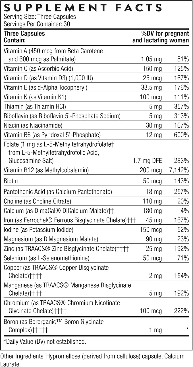 Thorne Basic Prenatal For Pregnant And Nursing Women 90 Capsules ingredients
