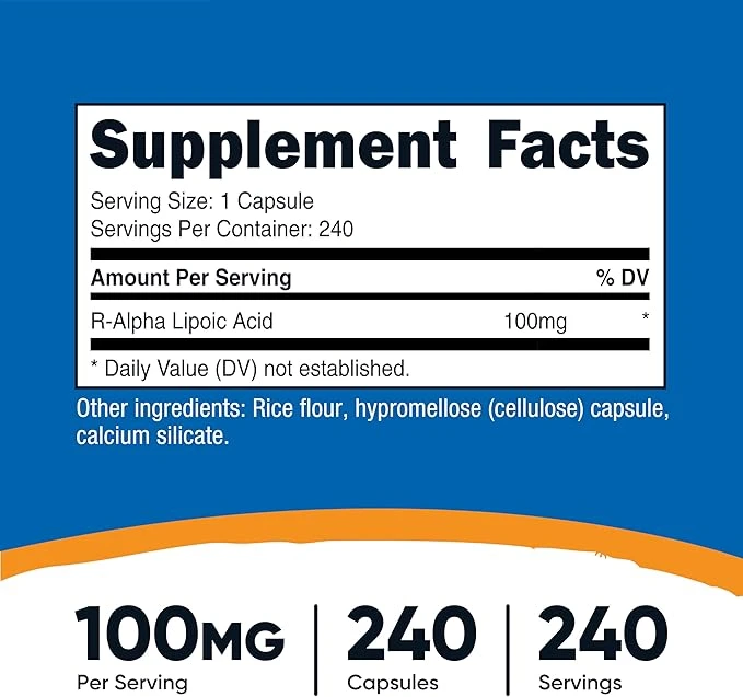 Nutricost R-Alpha Lipoic Acid 100mg Per Serving 240 Capsules ingredients