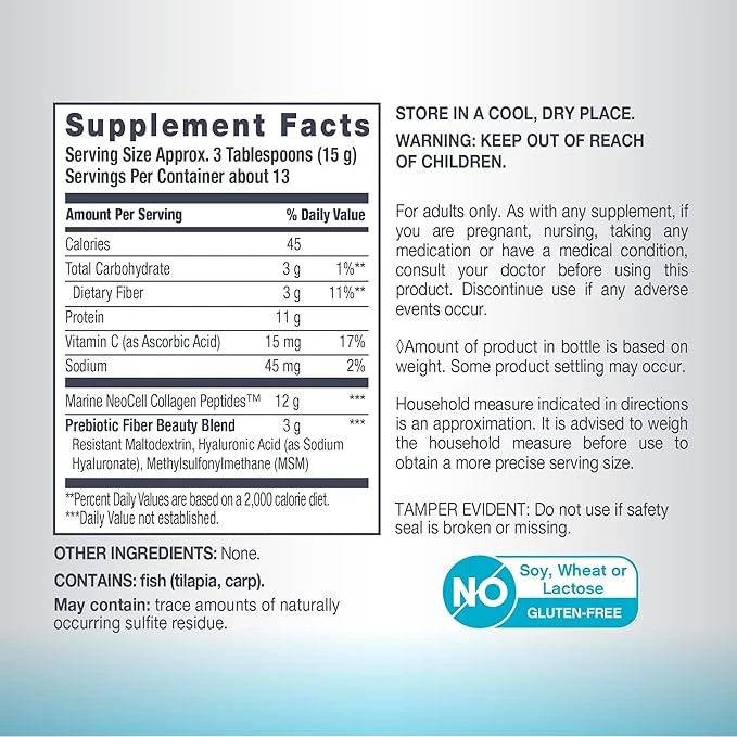 Marine Collagen Peptides + Hyaluronic Acid Msm & C 7 Oz (200g) Powder ingredients
