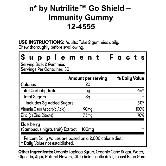 Nutrilite Go Shield Immunity Gummies Elderberry Lemon Vitamin C, Zinc & Elderberry 60 Gummies ingredients