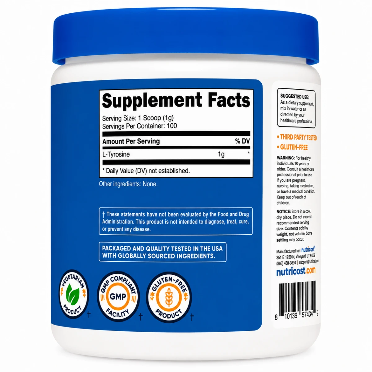 Nutricost L-Tyrosine Powder 100g - Unflavored Dietary Supplement ingredients