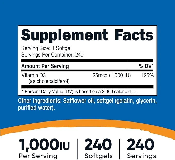 Nutricost Vitamin D3 1000IU 240 Softgels ingredients