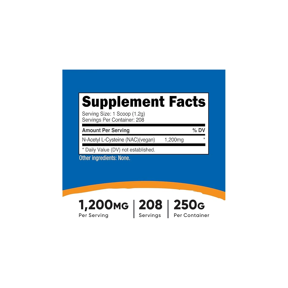 Nac Vegan N-Acetyl L-Cysteine 1200mg 250mg 208 Serving ingredients