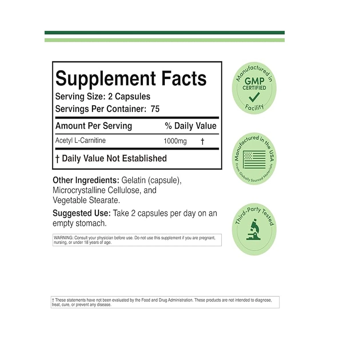 Double Wood Suplement Acetyl L-Carnitine 1000 mg 150 capsules ingredients