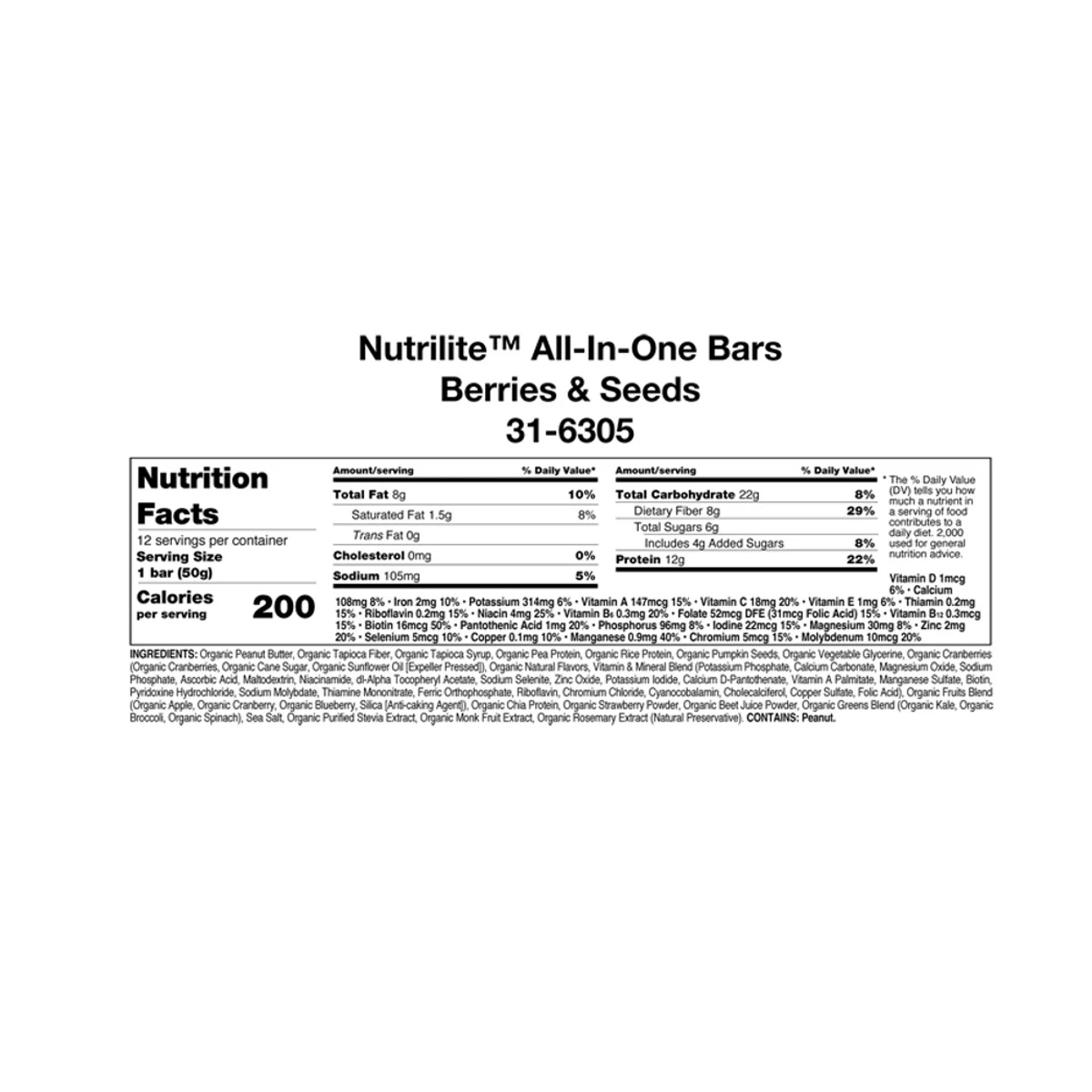 Nutrilite Organics All in One Bars Berries & Seeds 12 Bars ingredients