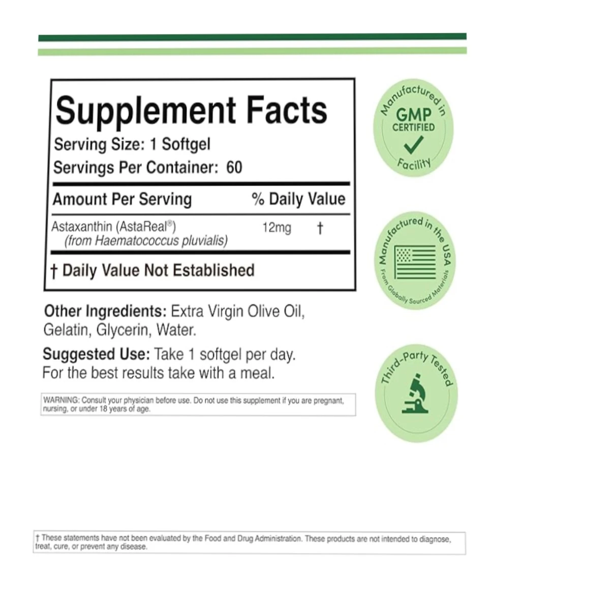 Double Wood Supplement Astaxanthin Astarel 12 mg 60 Softgel ingredients