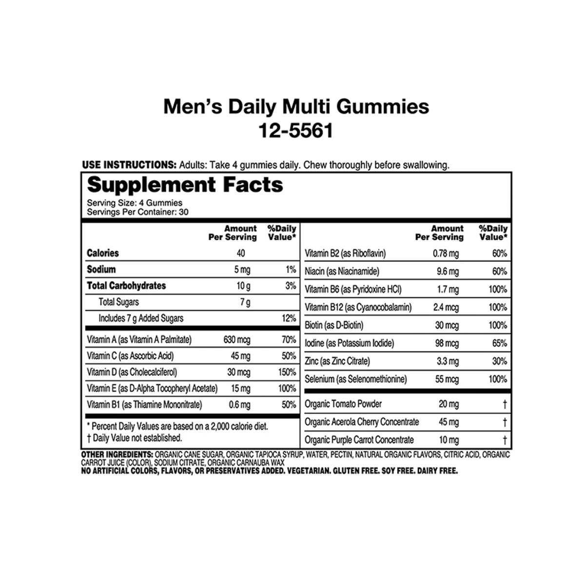 Nutrilite Organics Men’s Daily Multi Gummies 120 Gummies ingredients