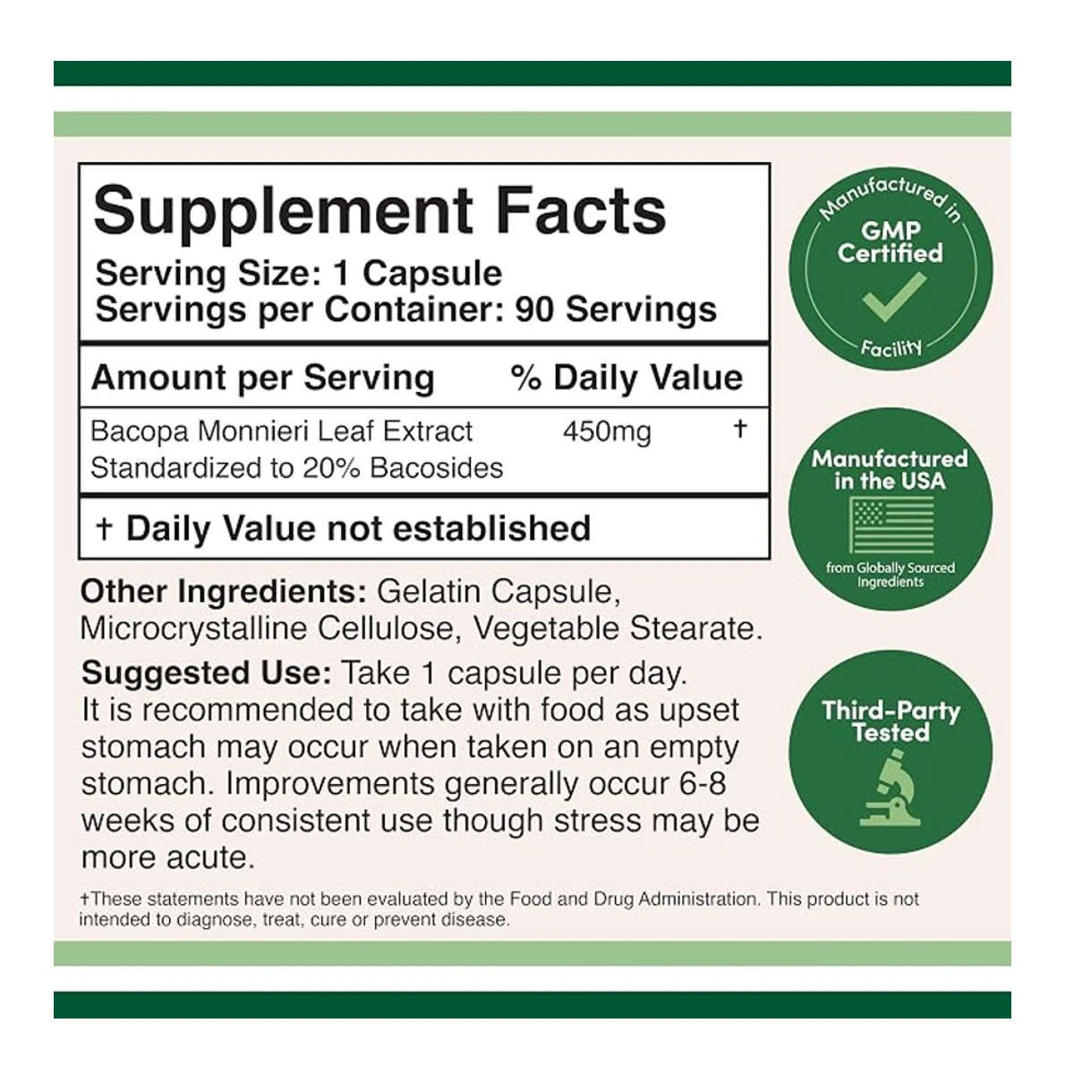 Double Wood Supplement Bacopa Monnieri Extract Supplement 90 Capsule 450mg ingredients