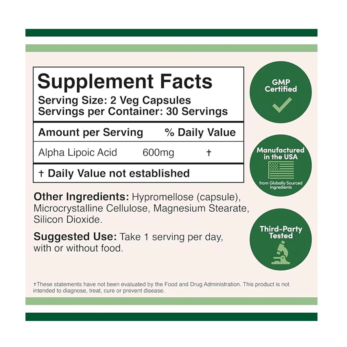 Double Wood Alpha Lipoic Acid Supplement 600mg 60 Capsule ingredients