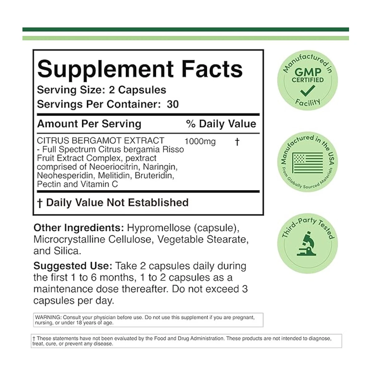 Double Wood Supplement Citrus Bergamot Extract 1000mg 60 Capsule ingredients