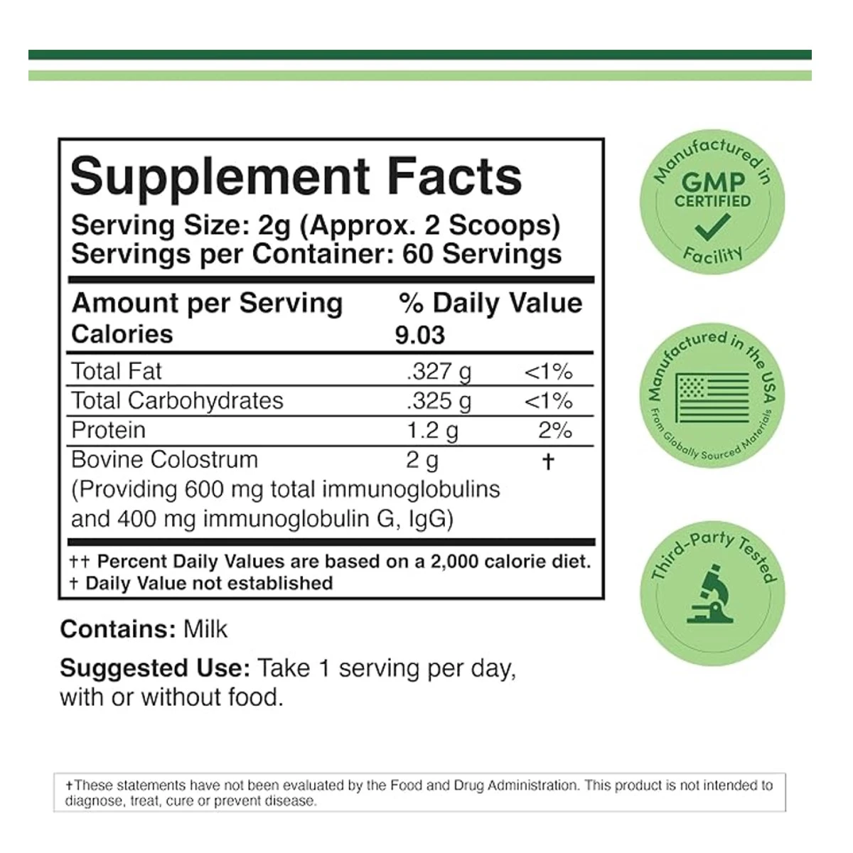 Double Wood Supplement Colostrum Powder 120g 2g 60 Serving ingredients
