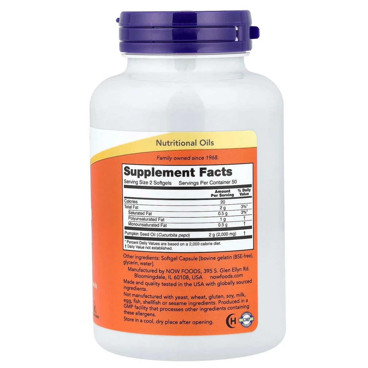 NOW Foods Pumpkin Seed Oil 1000mg Nutritional 100 Softgels ingredients