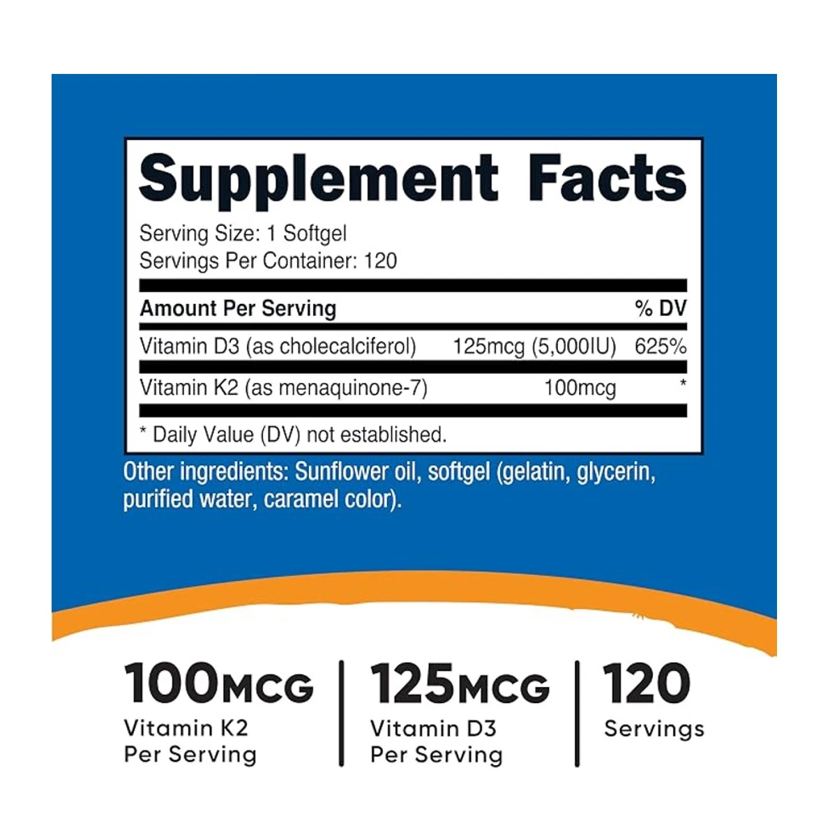 Nutricost Vitamin K2 + Vitamin D3 100mcg 125mcg 120 Softgels ingredients