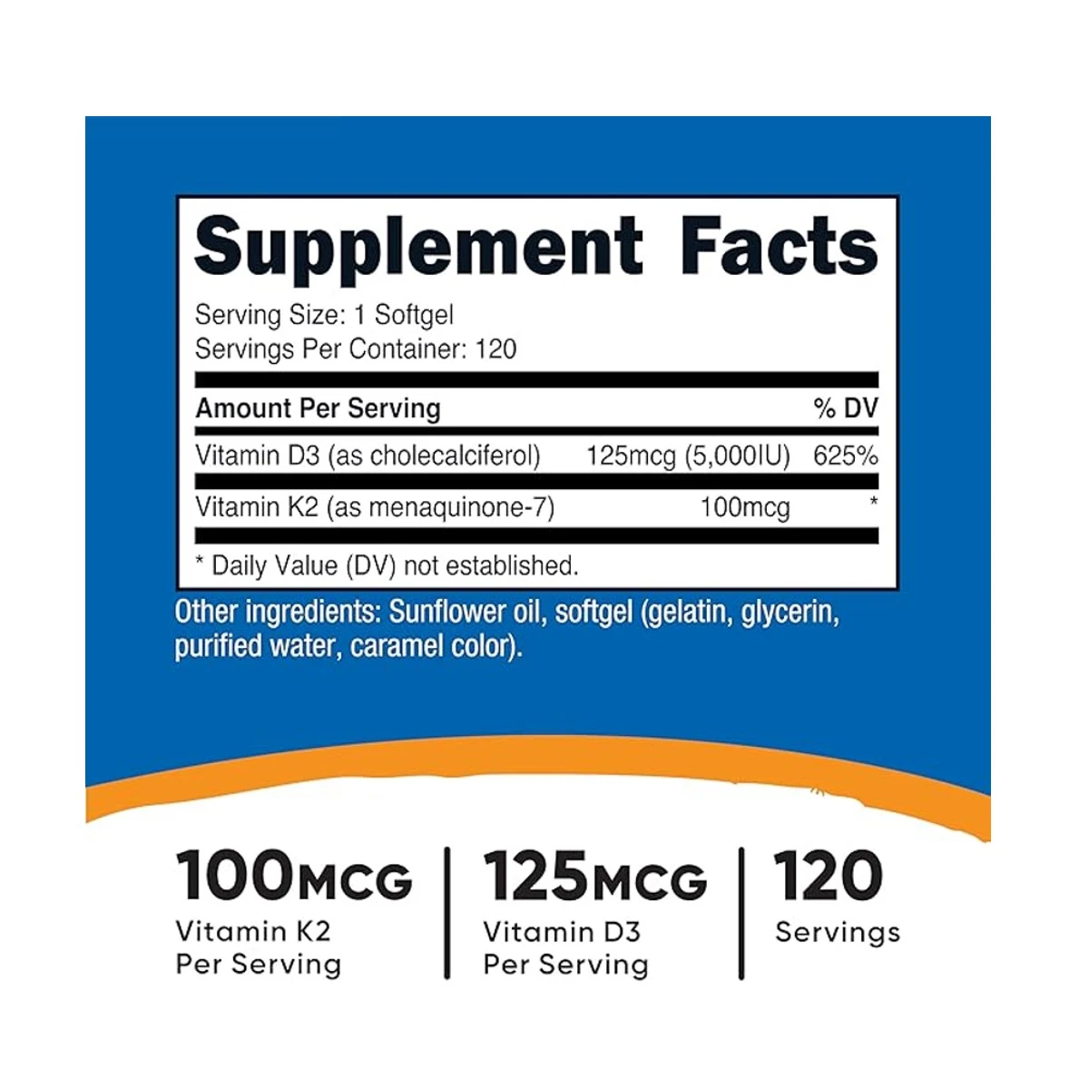 Nutricost Vitamin K2 + Vitamin D3 100mcg 125mcg 120 Softgels ingredients
