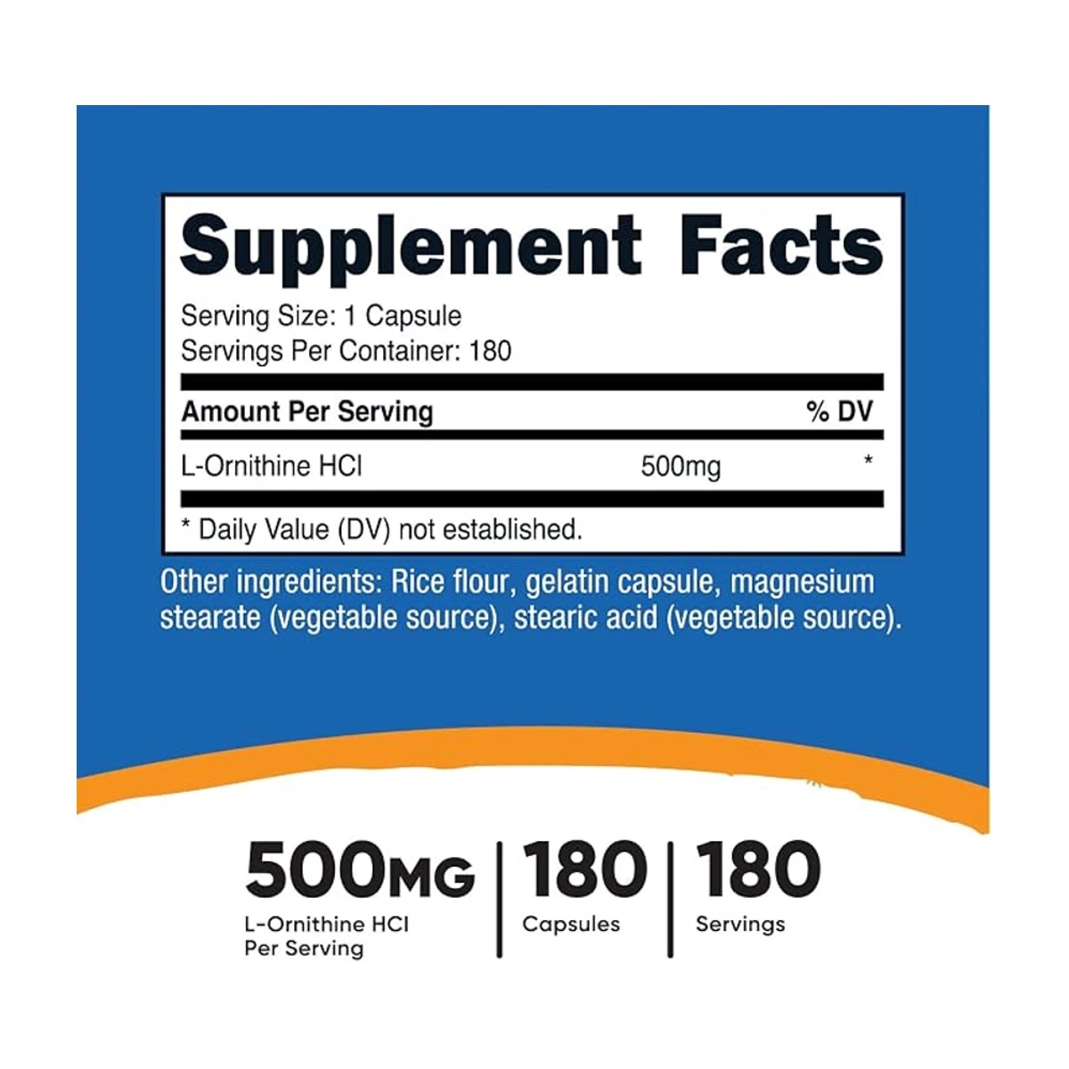 Nutricost L-Ornithine (as L-Ornithine HCl) 500mg 180 Capsules ingredients