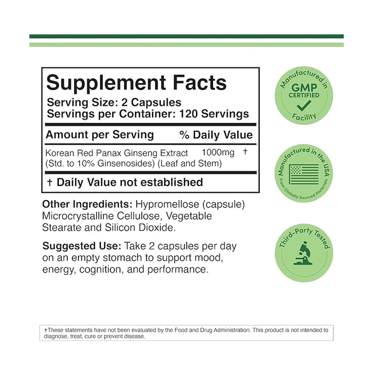 Double Wood Suplement Korean Panax Ginseng 1000mg Per Serving 240 Capsule ingredients