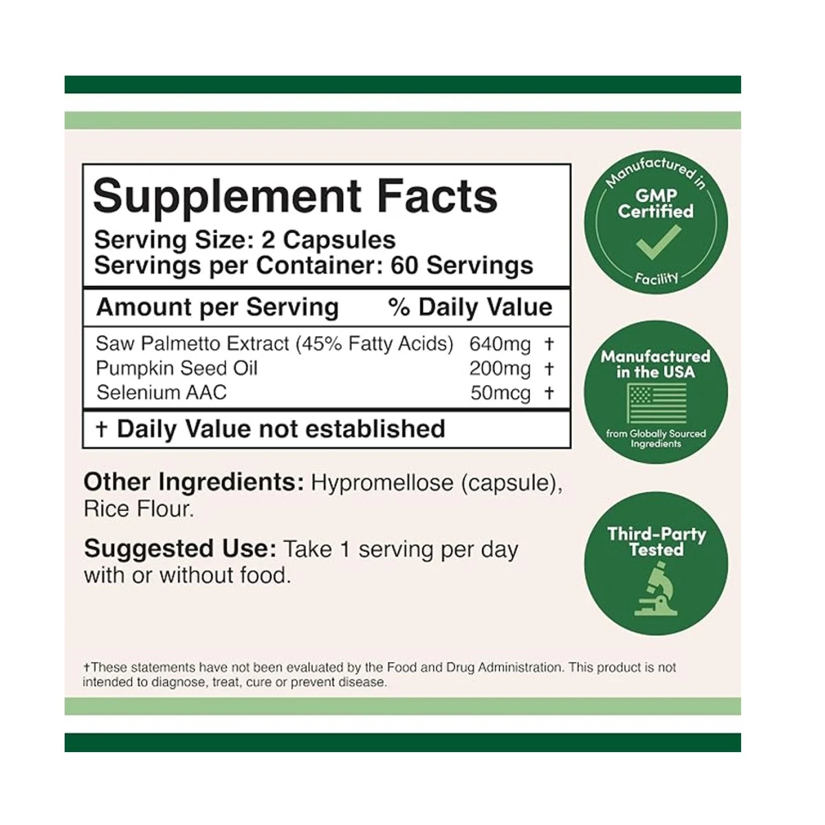 Double Wood Supplement Prostate Support 640mg Saw Palmetto 200mg pumkin Seed Oil 500mcg 120 Capsule ingredients