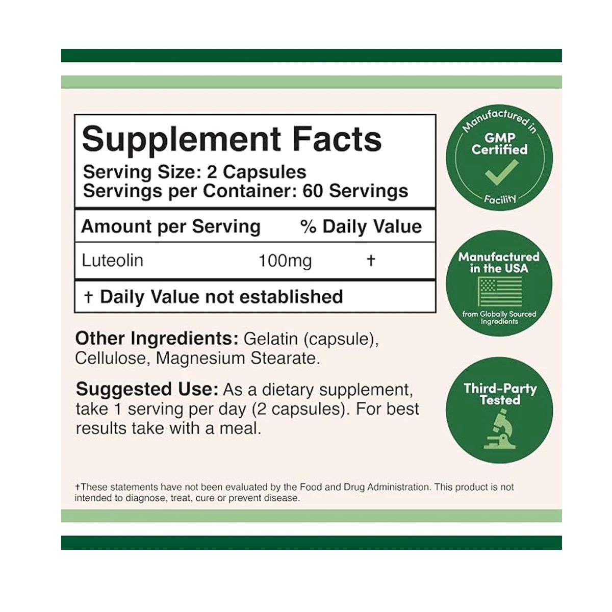 Double Wood Supplement Luteolin 100mg Per Serving 120 Capsule ingredients