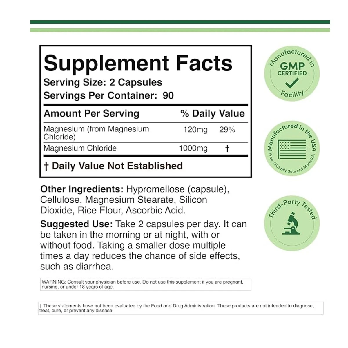 Double Wood Supplement Magnesium Chloride 1000mg Per Serving 180 Capsule ingredients