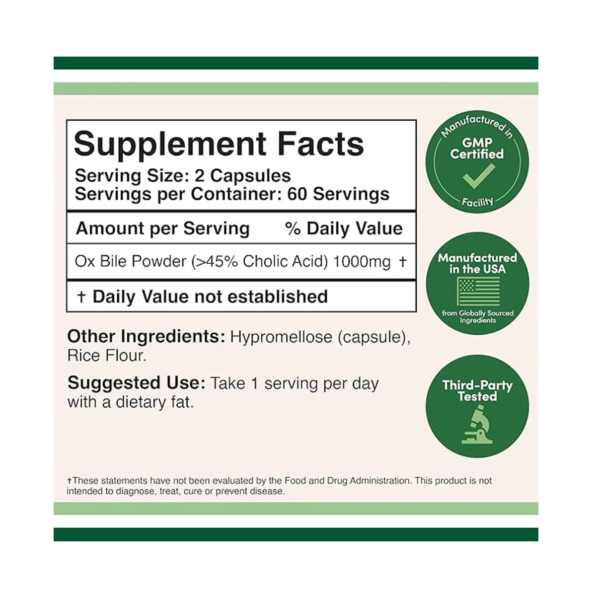 Double Wood Supplement Ox Bile Salt 1000mg per Serving 120 Capsule ingredients
