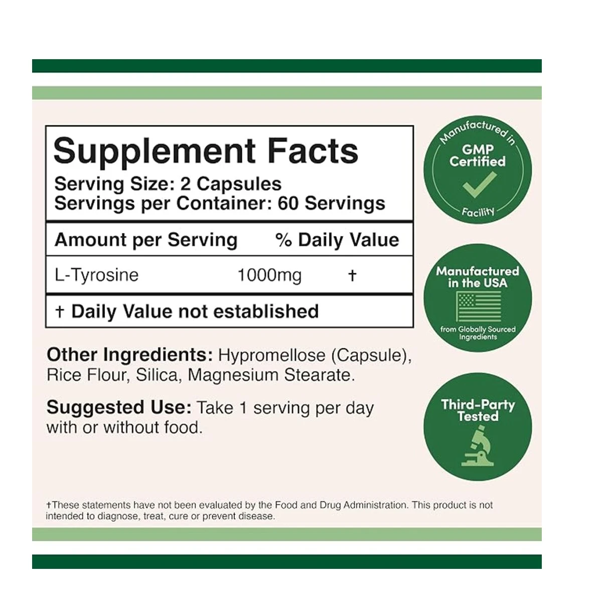 Double Wood Supplement L-Tyrosine 1000mg Per Serving 120 Capsule ingredients