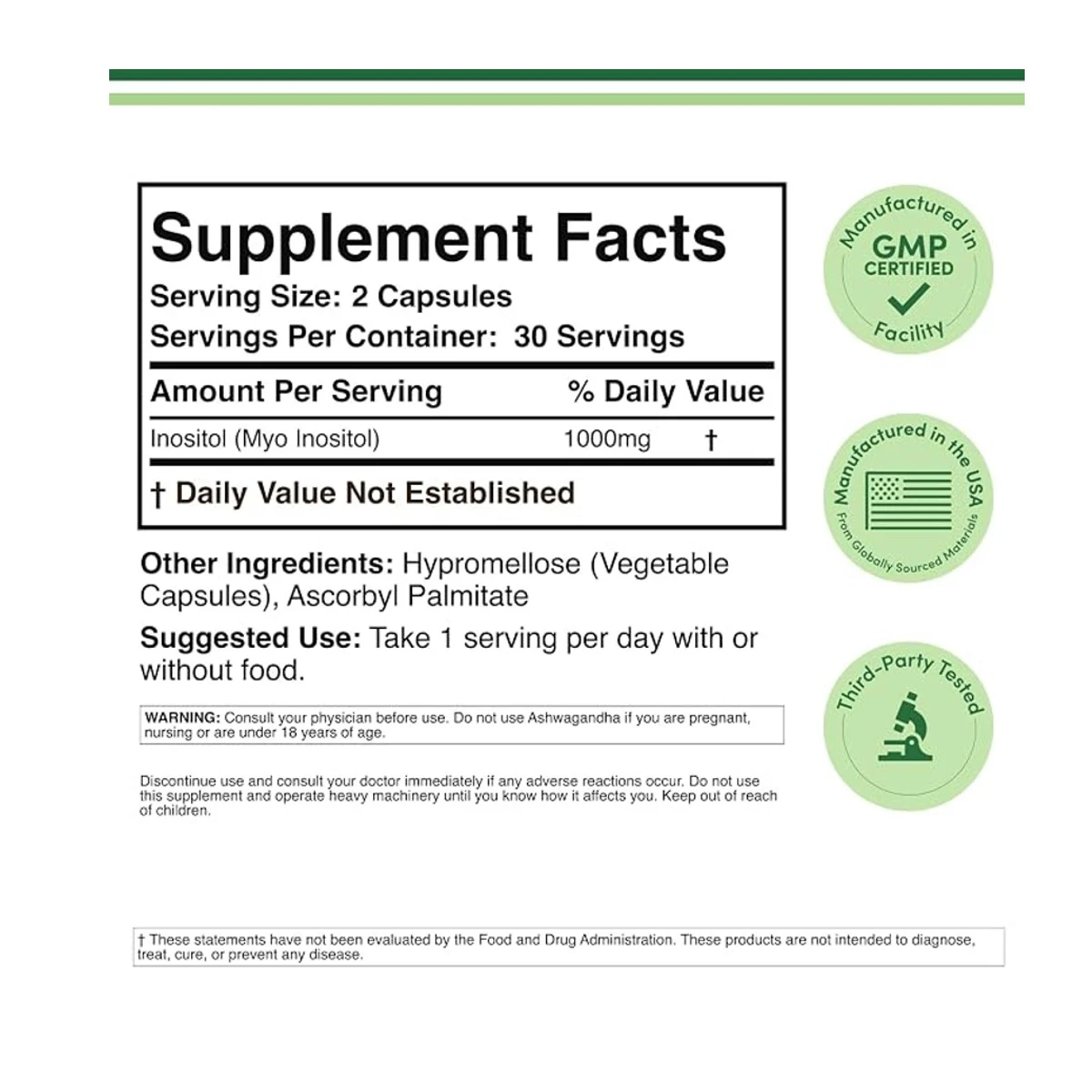 Double Wood Supplement Inositol 1000mg Per Serving 60 Capsules ingredients