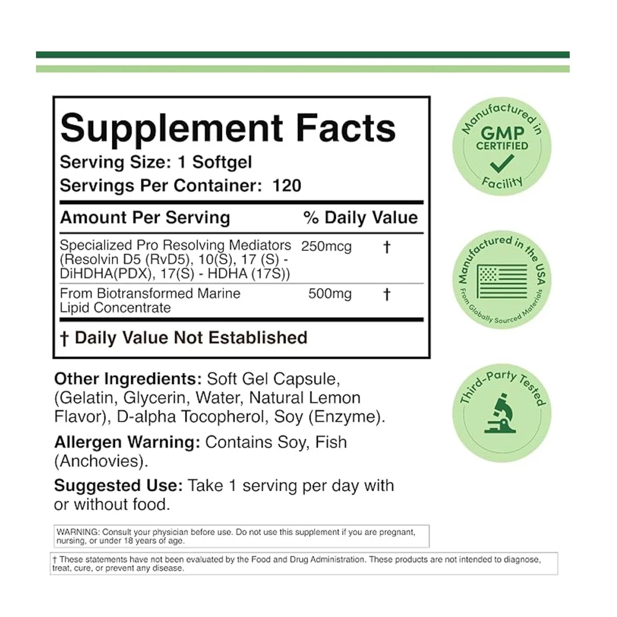 Double Wood Supplement SPM (Pro Resolving Mediators) 500mg per Softgel 250 mcg 120 Softgels ingredients