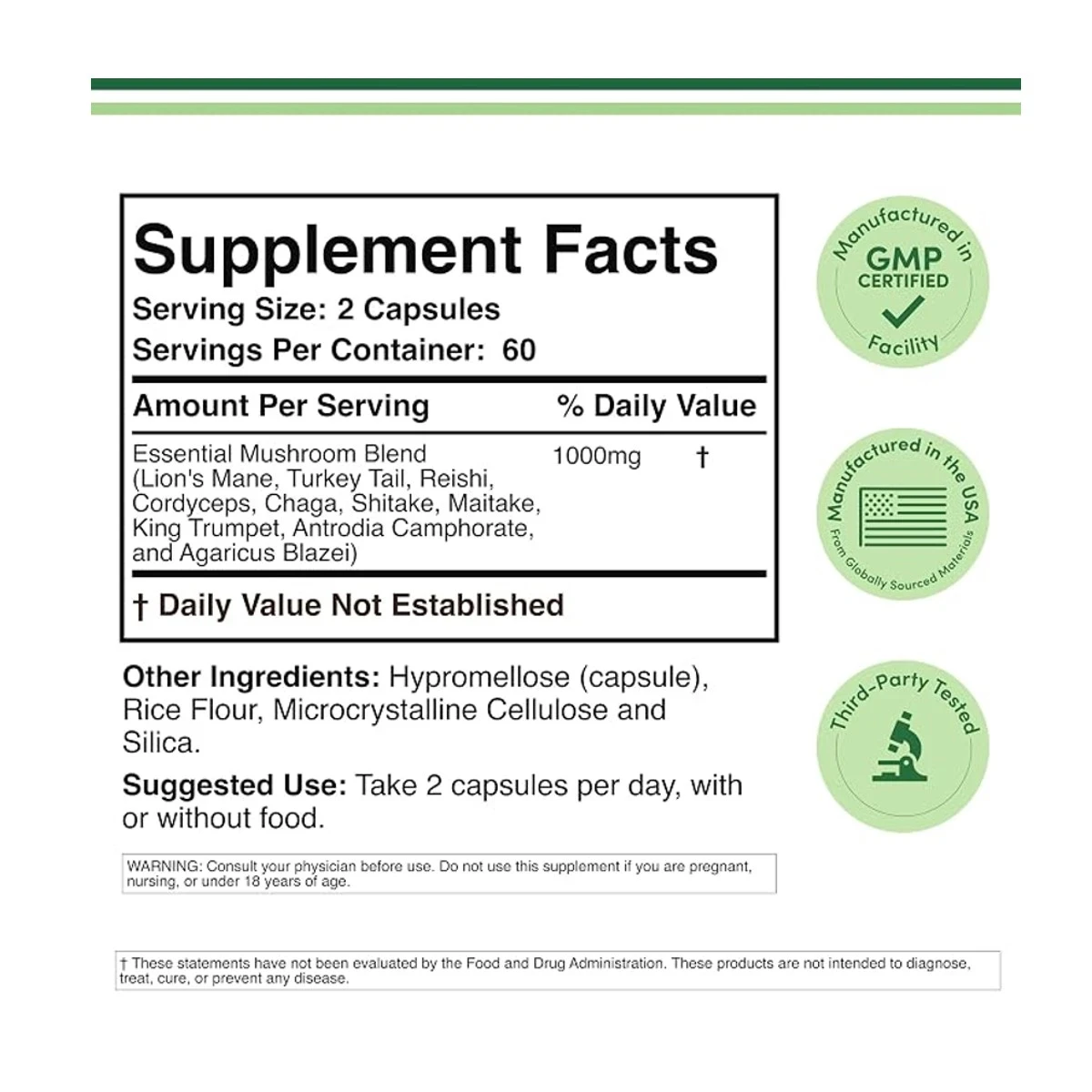 Double Wood Supplement Mushroom Max 1000mg Per Serving 120 Capsule ingredients