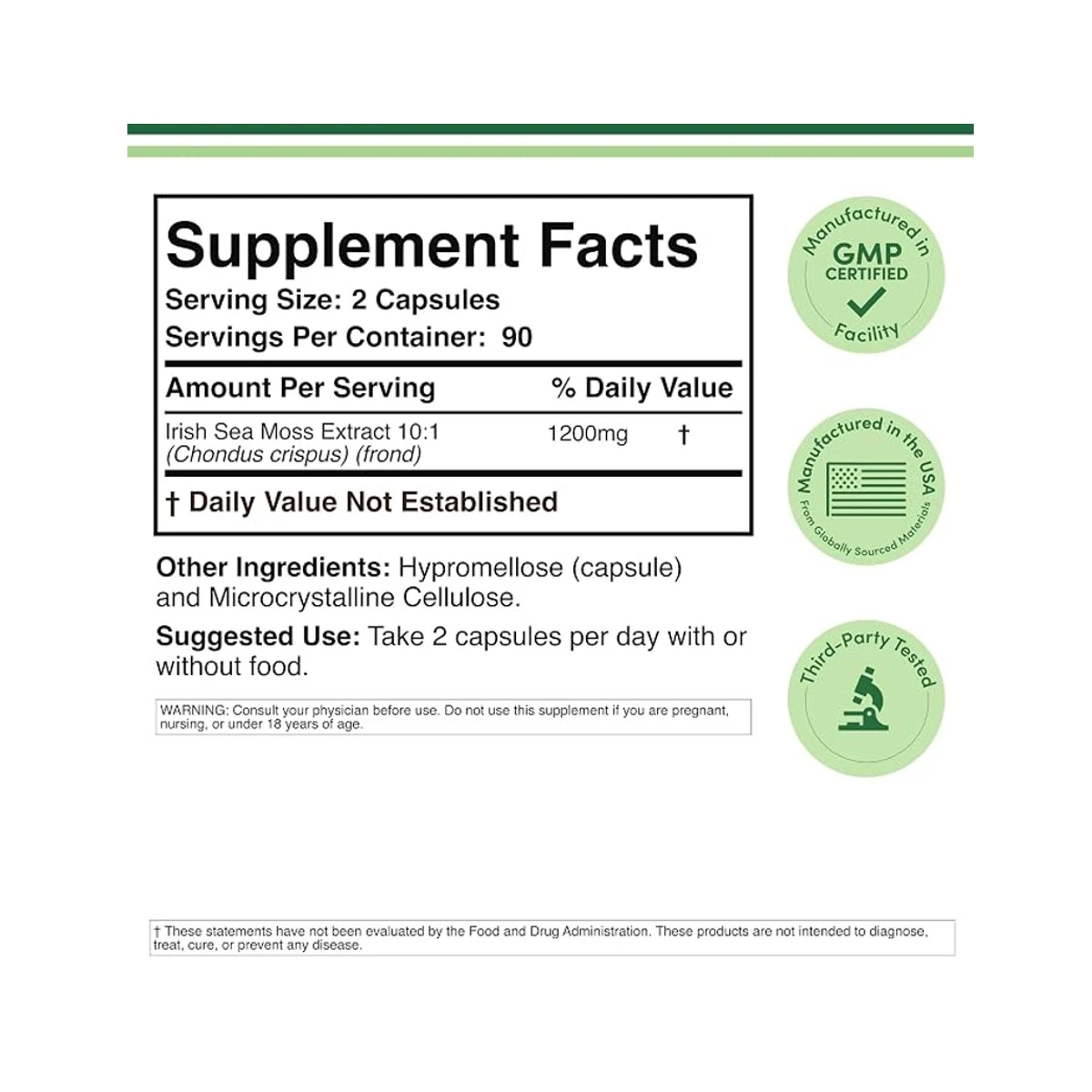 Double Wood Suplement Irish Sea Moss 1200mg 180 Capsule ingredients