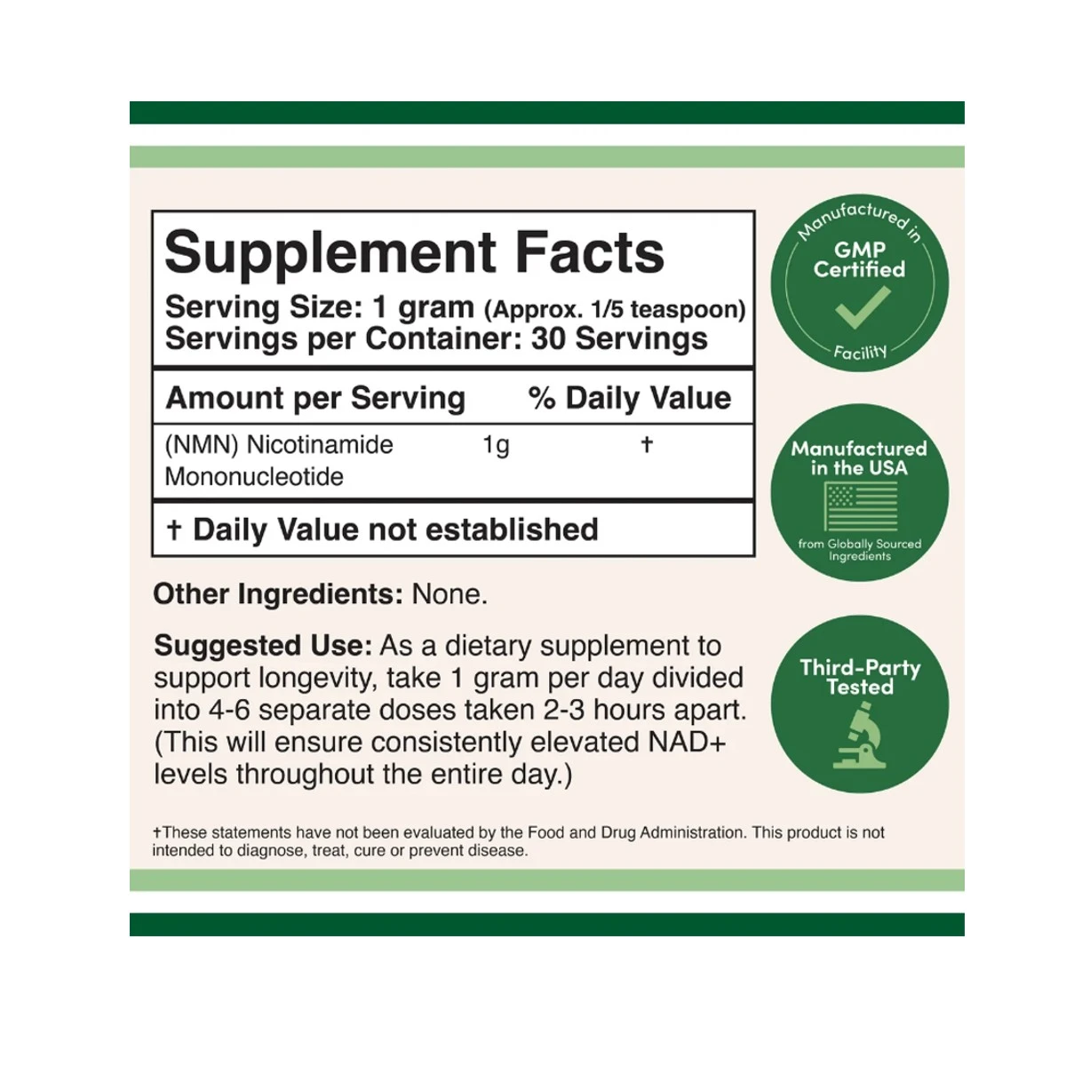 Double Wood Suplement NMN Nicotinamide Mononucleotide 30 Gram(1.6 oz) ingredients