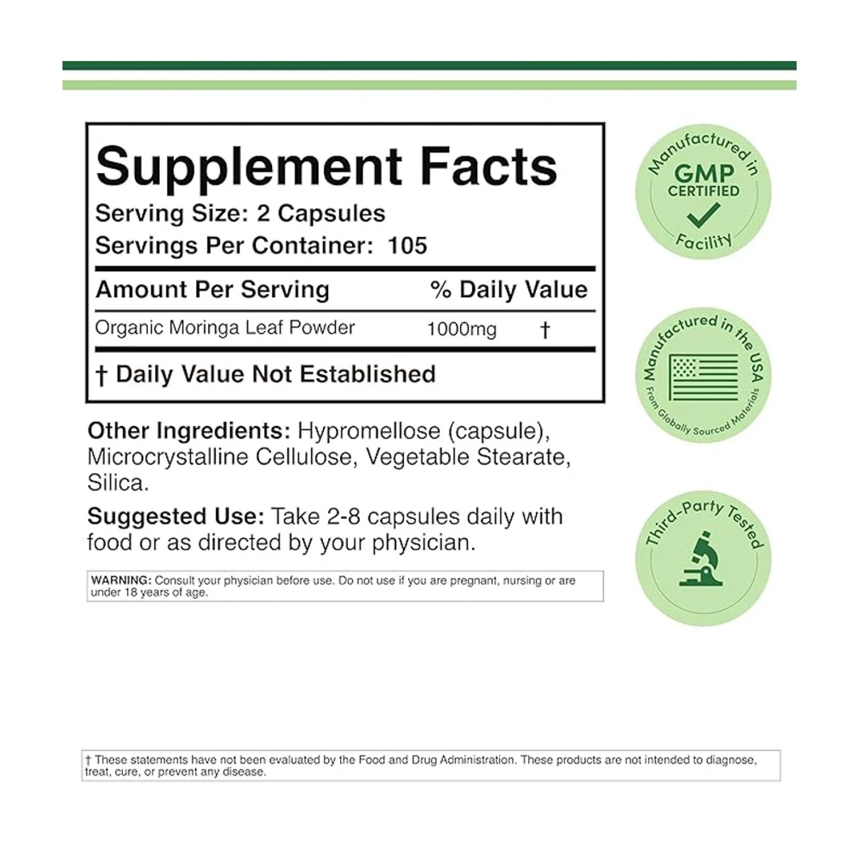 Double Wood Supplement Moringa Nutrient Rich Superfood 1000mg Per Serving 210 Capsules ingredients