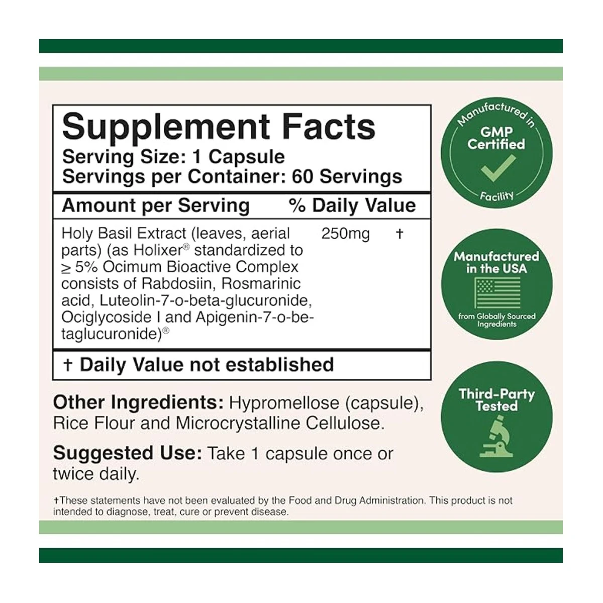 Double Wood Supplement Holixer Holy Basil 250mg Per Serving 60 Capsules ingredients