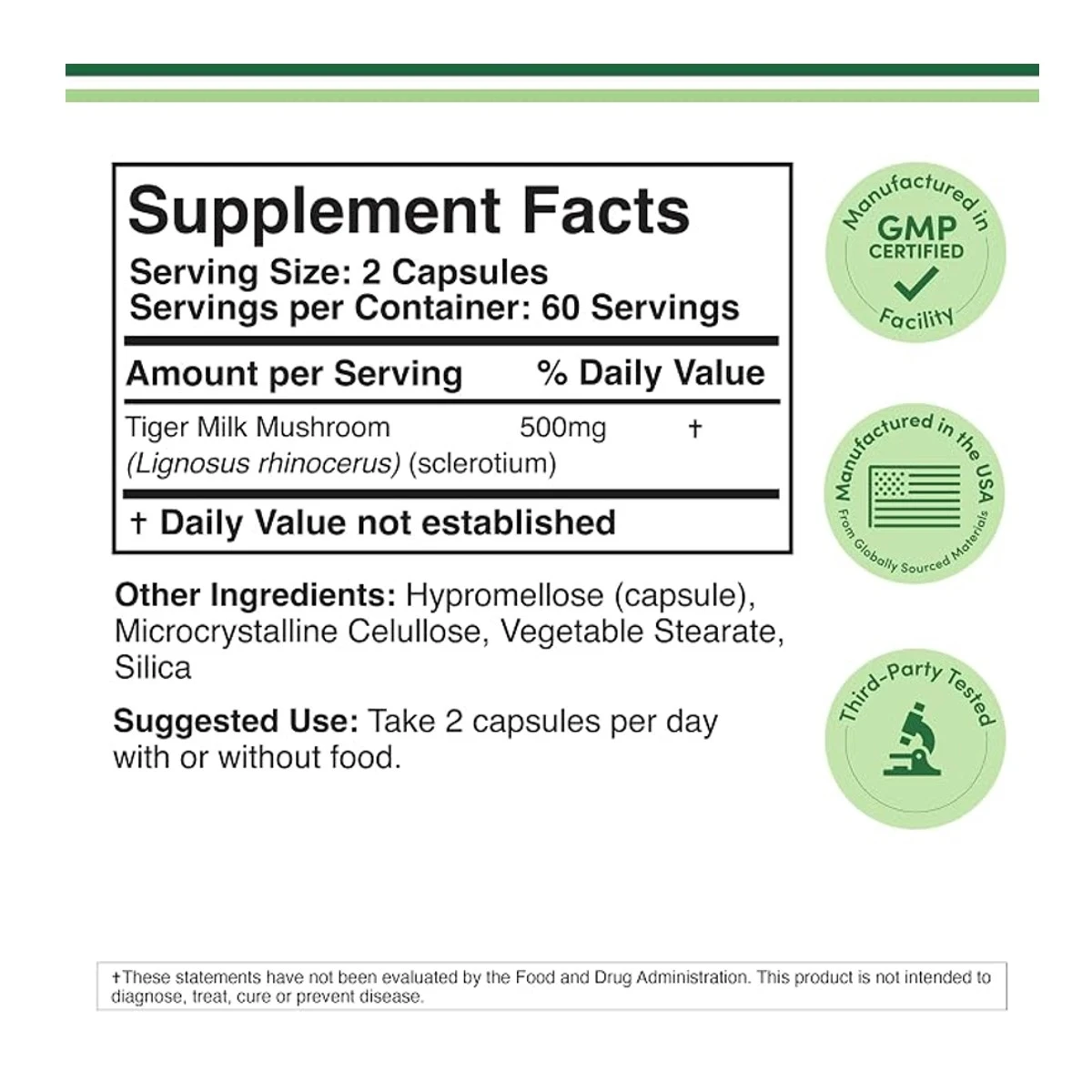 Double Wood Supplement Tiger Milk Mushroom 500mg Per Serving 120 Capsules ingredients