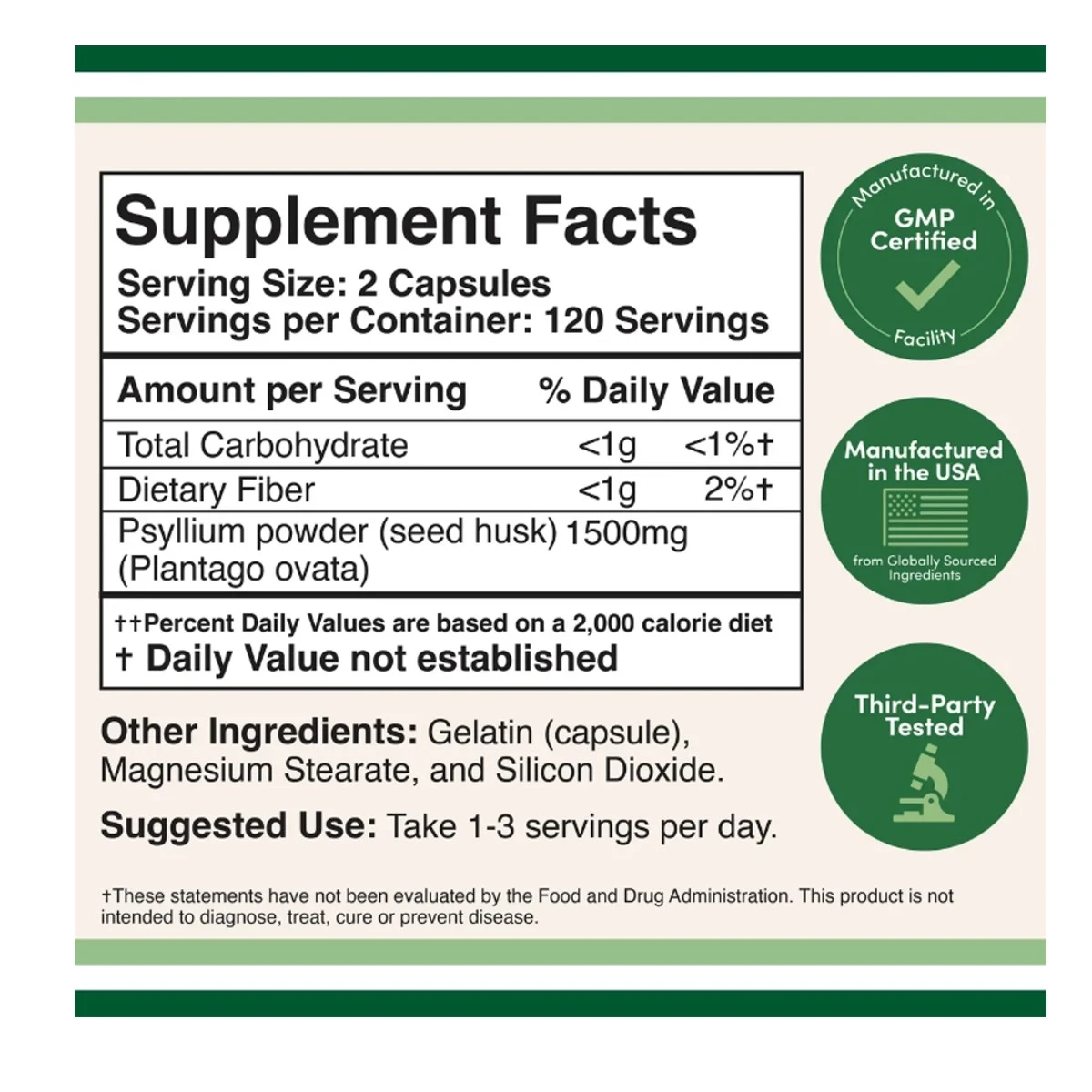 Double Wood Supplement Psyllium Husk 1500mg Per Serving 240 Capsules ingredients