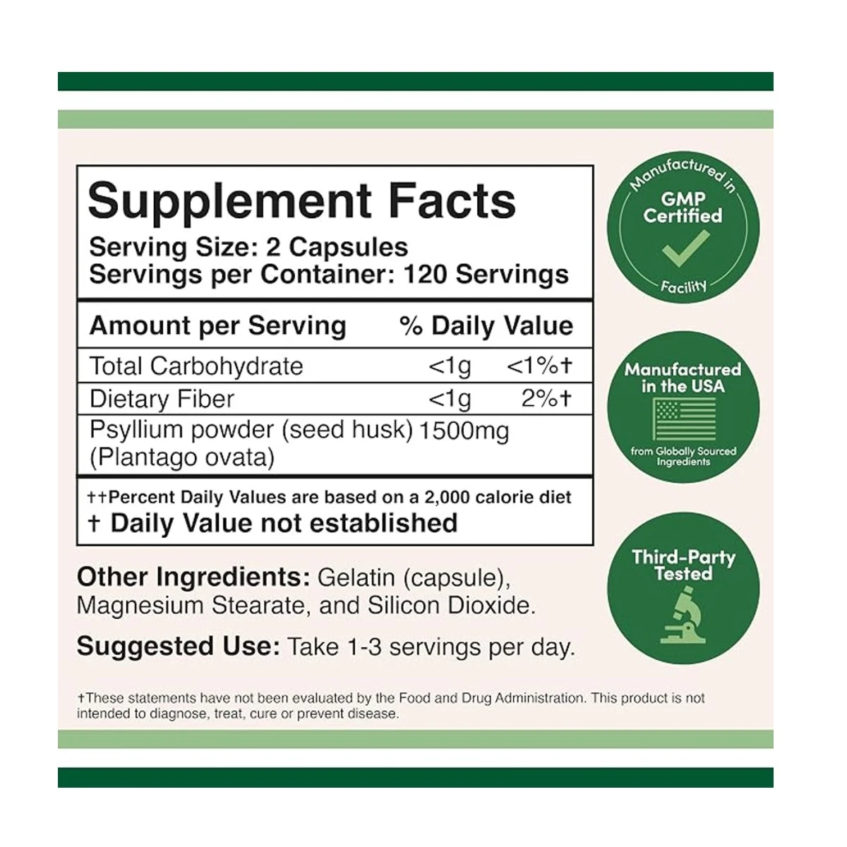 Double Wood Supplement Psyllium Husk 1500mg Per Serving 240 Capsules ingredients
