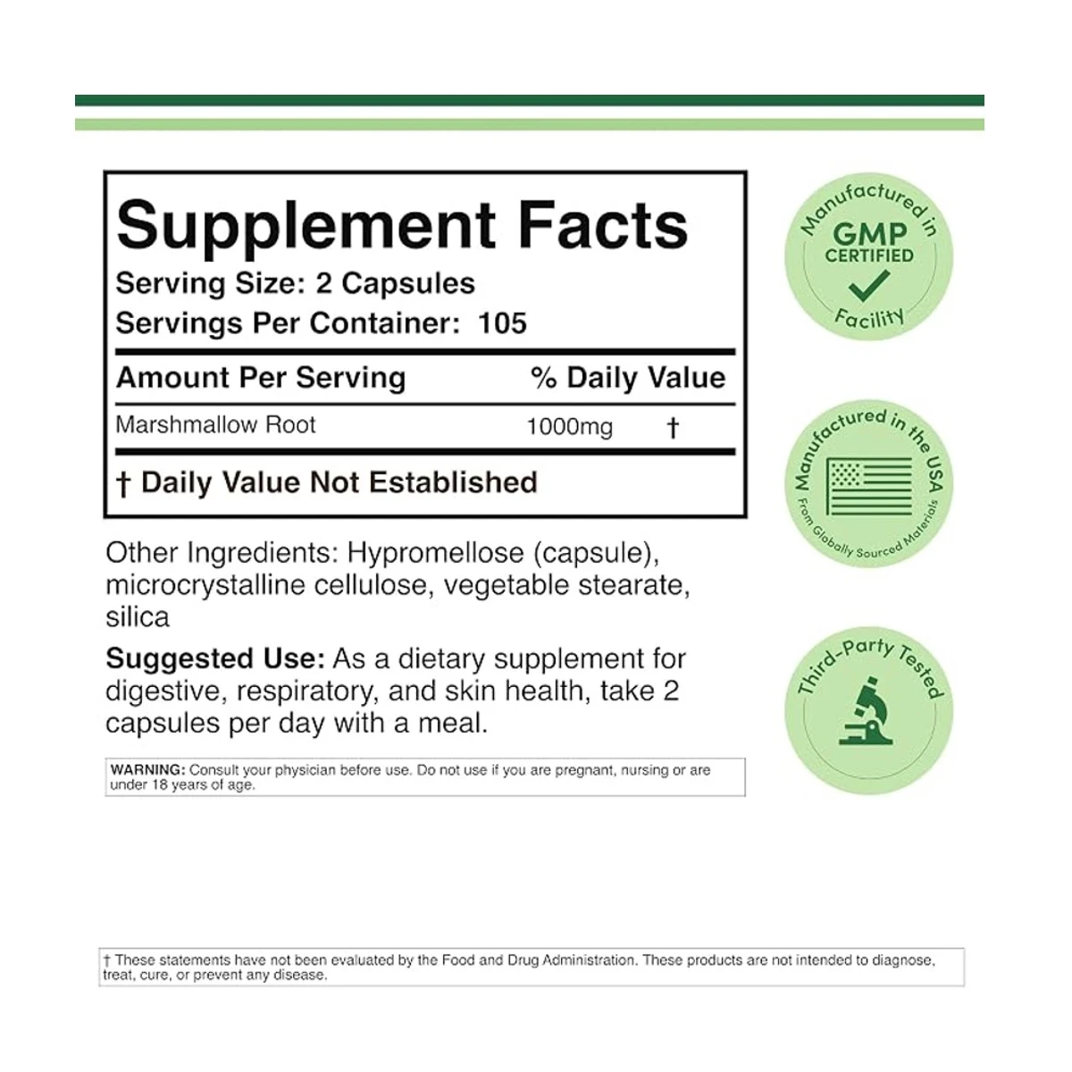 Double Wood Supplement Marshmallow Root 100mg Per Serving 210 Capsules ingredients